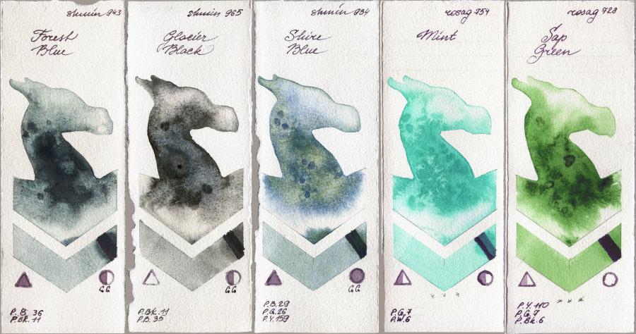 Shminke Horadam Aquarell 943 Forest Blue vs 965 Glacier Black vs 934 Shire Blue vs Rosa Gallery 754 Mint vs 728 Sap Green watercolor swatch
