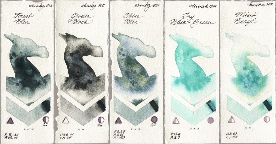 Shminke Horadam Aquarell 943 Forest Blue vs 965 Glacier Black vs 934 Shire Blue vs Shminke Akademie Aquarell 914 Icy Blue-Green vs Kusakabe 007 Mint Beryl watercolor swatch