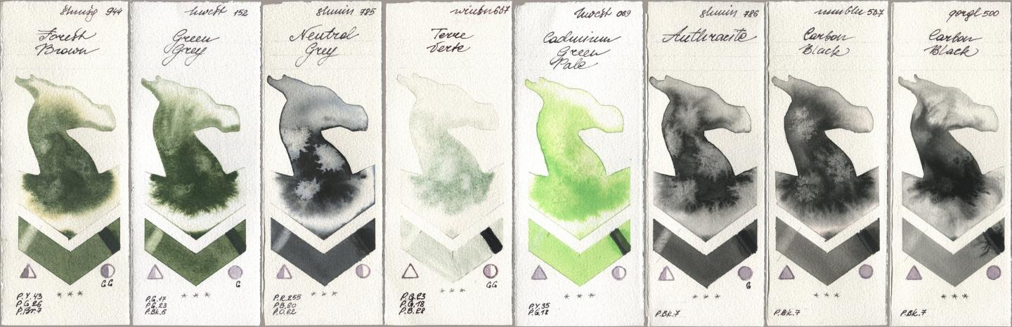 Shminke Horadam Aquarell 944 Forest Brown, Holbein Artists Watercolor 152 Green Grey, 785 Neutral Grey, Winsor & Newton Professional 637 Terre Verte, 069 Cadmium Green Pale, 786 Anthracite, Maimeri Blu 537 Carbon Black, Golden QOR 500 Carbon Bla watercolor swatch