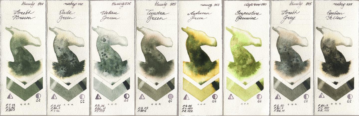 Shminke Horadam Aquarell 944 Forest Brown, Rosa Gallery 766 Jade Green, 936 Urban Green, 985 Tundra Green, Roman Szmal Aquarius 363 Autumn Green, Daniel Smith 190 Serpentine Genuine, 945 Forest Grey, 788 Carbon Yell watercolor swatch