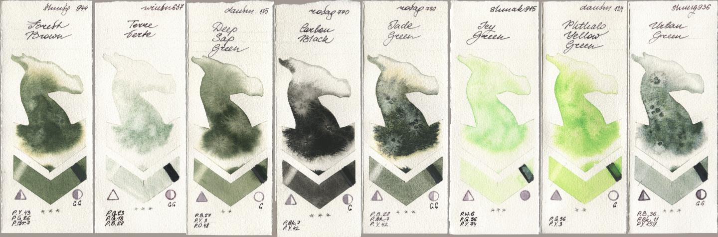 Shminke Horadam Aquarell 944 Forest Brown, Winsor & Newton Professional 637 Terre Verte, Daniel Smith 175 Deep Sap Green, Rosa Gallery 770 Carbon Black, 766 Jade Green, Shminke Akademie Aquarell 915 Icy Green, 124 Phthalo Yellow Green, 936 Urban Gre watercolor swatch