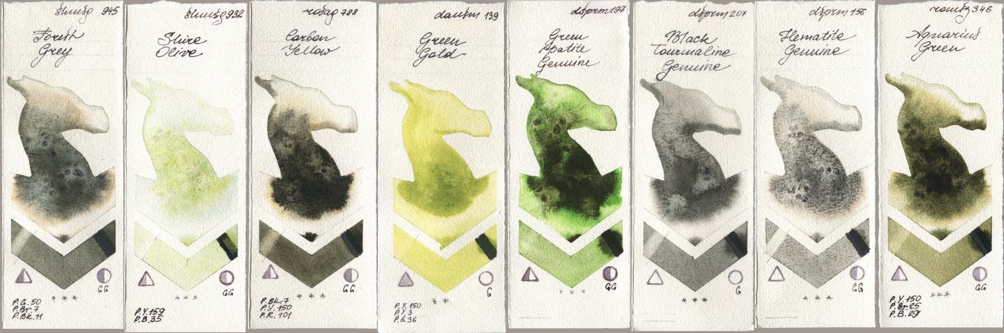 Shminke Horadam Aquarell 945 Forest Grey, 932 Shire Olive, Rosa Gallery 788 Carbon Yellow, Daniel Smith 139 Green Gold, 197 Green Apatite Genuine, 207 Black Tourmaline Genuine, 156 Hematite Genuine, Roman Szmal Aquarius 346 Aquarius Gre watercolor swatch
