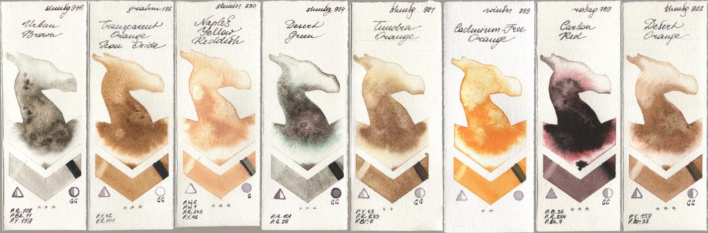 Shminke Horadam Aquarell 946 Urban Brown, M. Graham & Co. Artists 186 Transparent Orange Iron Oxide, 230 Naples Yellow Reddish, 924 Desert Green, 981 Tundra Orange, Winsor & Newton Professional 899 Cadmium-Free Orange, Rosa Gallery 769 Carbon Red, 922 Desert Oran watercolor swatch