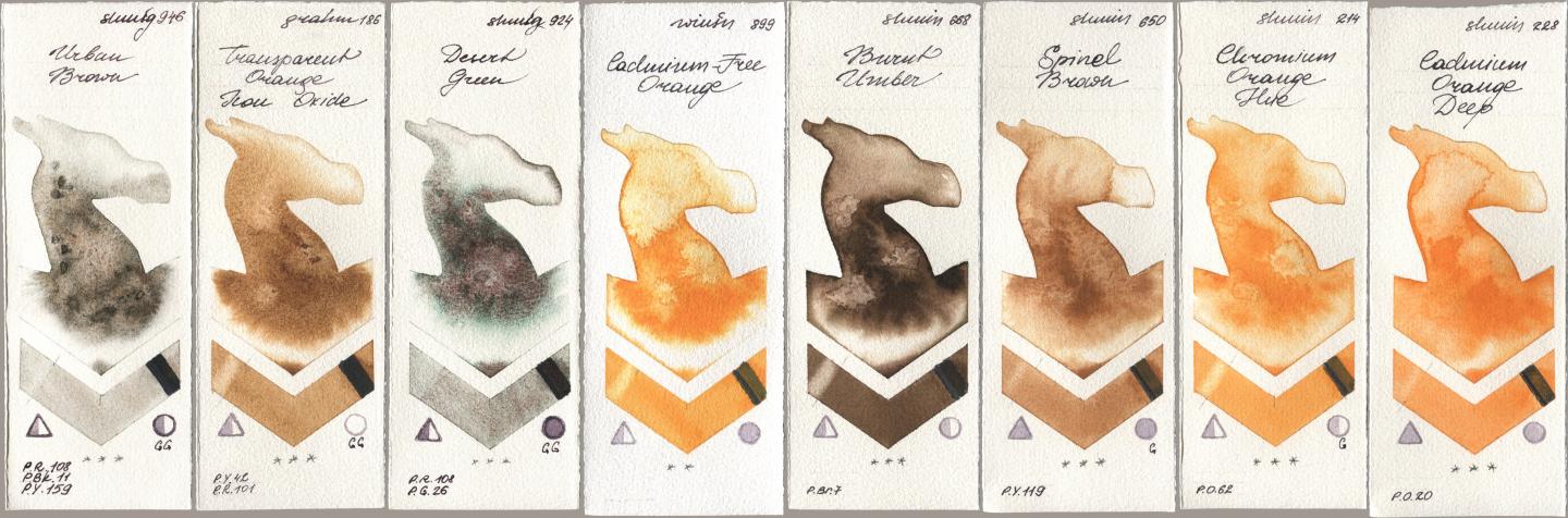 Shminke Horadam Aquarell 946 Urban Brown, M. Graham & Co. Artists 186 Transparent Orange Iron Oxide, 924 Desert Green, Winsor & Newton Professional 899 Cadmium-Free Orange, 668 Burnt Umber, 650 Spinel Brown, 214 Chrome Organge LF (Chromium Orange Hue), 228 Cadmium Orange De watercolor swatch