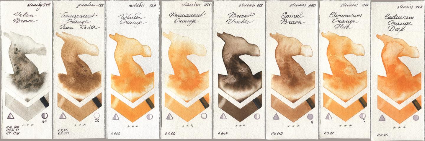 Shminke Horadam Aquarell 946 Urban Brown, M. Graham & Co. Artists 186 Transparent Orange Iron Oxide, Winsor & Newton Professional 724 Winsor Orange, Daniel Smith 071 Permanent Orange, 668 Burnt Umber, 650 Spinel Brown, 214 Chrome Organge LF (Chromium Orange Hue), 228 Cadmium Orange De watercolor swatch
