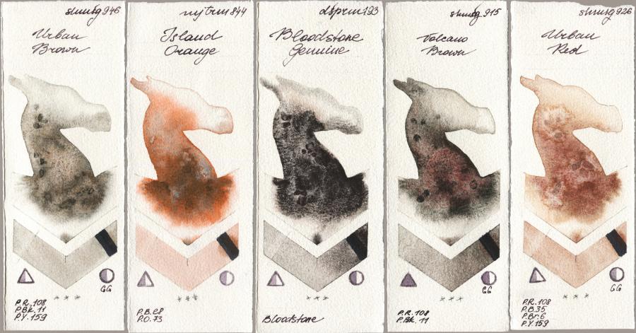 Shminke Horadam Aquarell 946 Urban Brown vs Mijello Mission Gold 844 Island Orange vs Daniel Smith 193 Bloodstone Genuine vs 915 Volcano Brown vs 926 Urban Red watercolor swatch