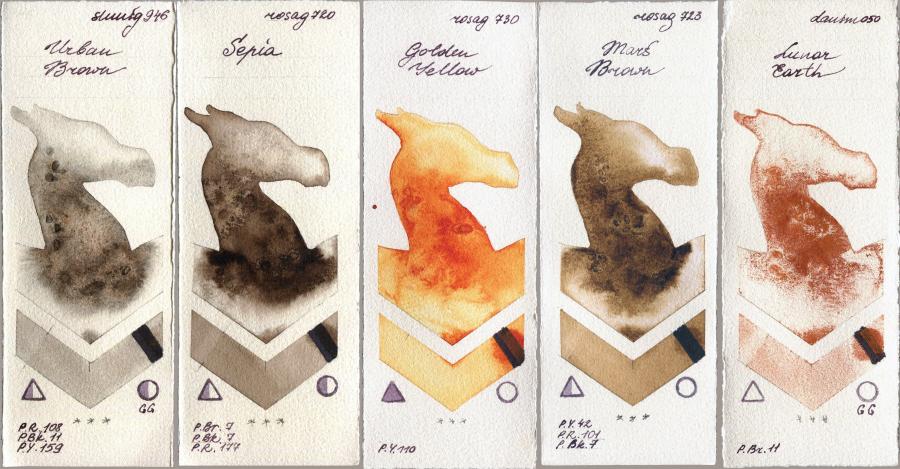 Shminke Horadam Aquarell 946 Urban Brown vs Rosa Gallery 720 Sepia vs 730 Golden Yellow vs 723 Mars Brown vs Daniel Smith 050 Lunar Earth watercolor swatch