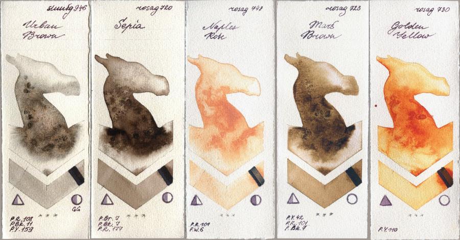 Shminke Horadam Aquarell 946 Urban Brown vs Rosa Gallery 720 Sepia vs 748 Naples Rose vs 723 Mars Brown vs 730 Golden Yellow watercolor swatch