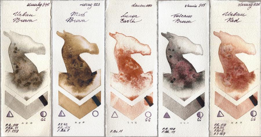 Shminke Horadam Aquarell 946 Urban Brown vs Rosa Gallery 723 Mars Brown vs Daniel Smith 050 Lunar Earth vs 915 Volcano Brown vs 926 Urban Red watercolor swatch
