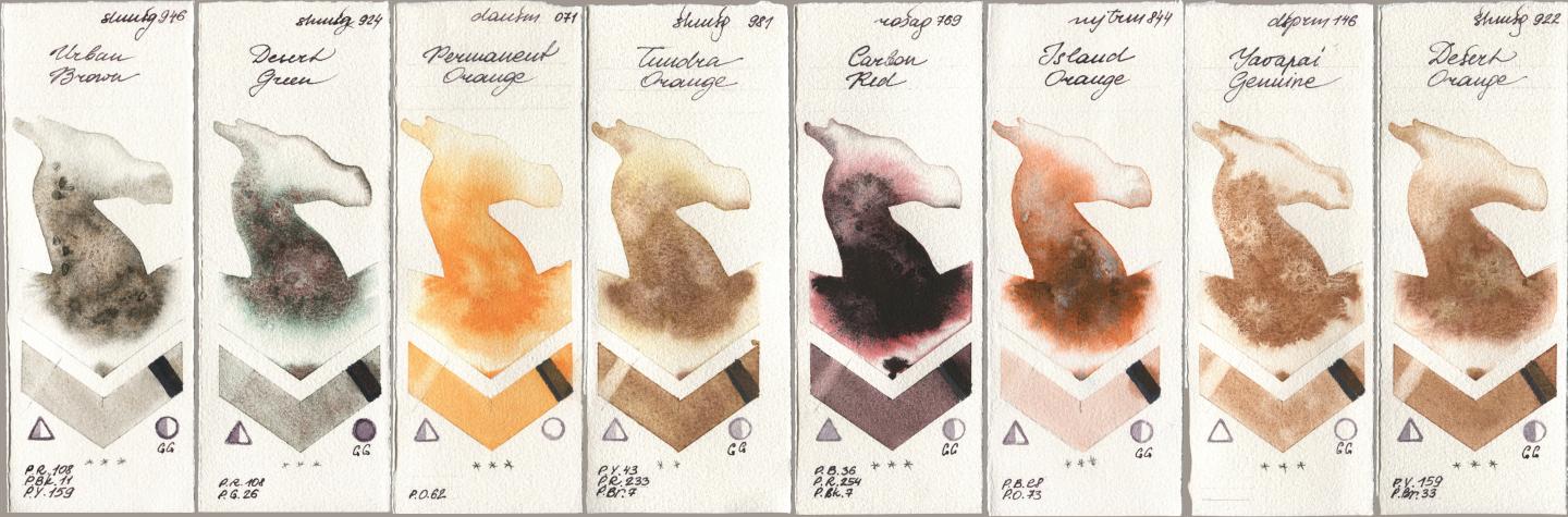 Shminke Horadam Aquarell 946 Urban Brown, 924 Desert Green, Daniel Smith 071 Permanent Orange, 981 Tundra Orange, Rosa Gallery 769 Carbon Red, Mijello Mission Gold 844 Island Orange, 146 Yavapai Genuine, 922 Desert Oran watercolor swatch