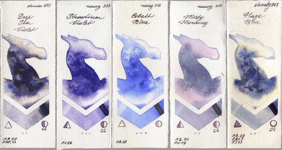 Shminke Horadam Aquarell 951 Deep Sea Violet vs Roman Szmal Aquarius 377 Strontium Violet vs Rosa Gallery 716 Cobalt Blue vs 415 Misty Morning vs 967 Haze Blue watercolor swatch