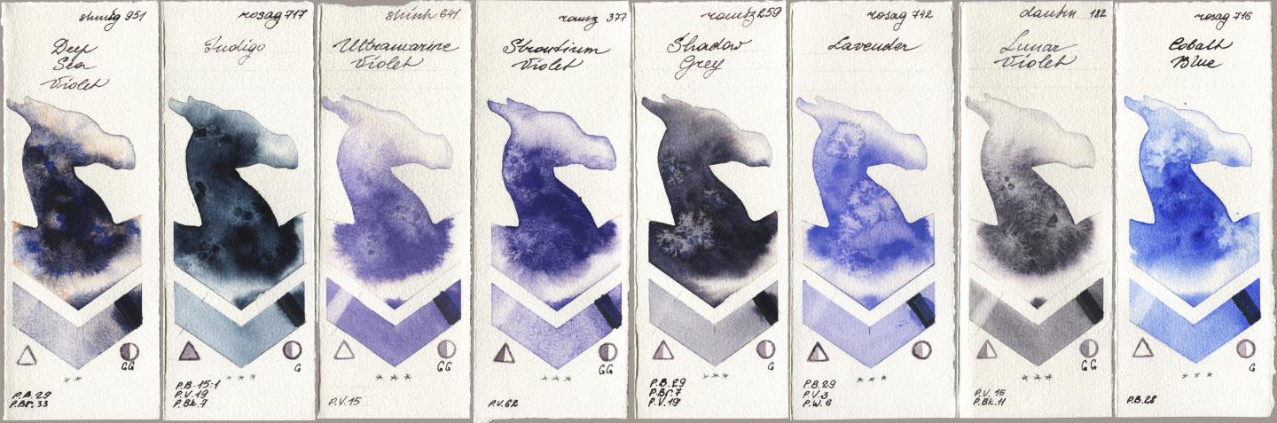 Shminke Horadam Aquarell 951 Deep Sea Violet, Rosa Gallery 717 Indigo, Shinhan PWC 641 Ultramarine Violet, Roman Szmal Aquarius 377 Strontium Violet, 259 Shadow Grey, 742 Lavender, Daniel Smith 182 Lunar Violet, 716 Cobalt Bl watercolor swatch