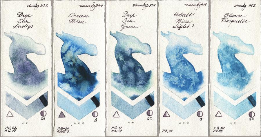 Shminke Horadam Aquarell 952 Deep Sea Indigo vs Roman Szmal Aquarius 344 Ocean Blue vs 954 Deep Sea Green vs 411 Cobalt Blue Light vs 962 Glacier Turquoise watercolor swatch