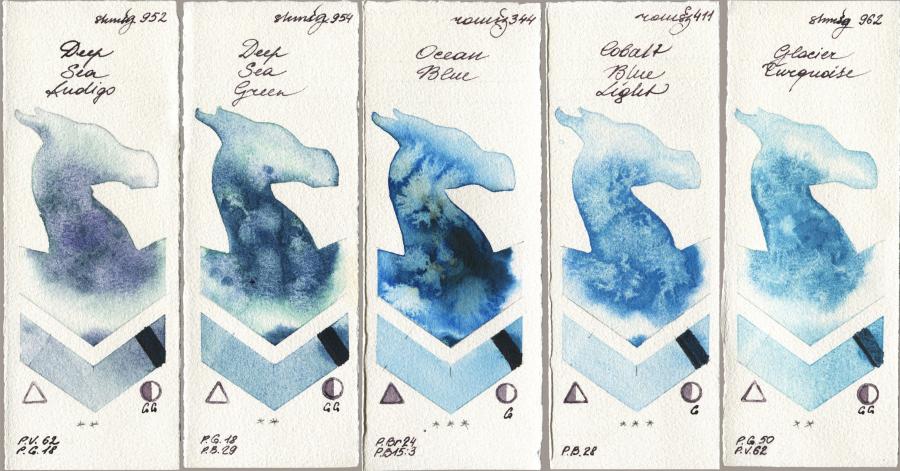 Shminke Horadam Aquarell 952 Deep Sea Indigo vs 954 Deep Sea Green vs Roman Szmal Aquarius 344 Ocean Blue vs 411 Cobalt Blue Light vs 962 Glacier Turquoise watercolor swatch