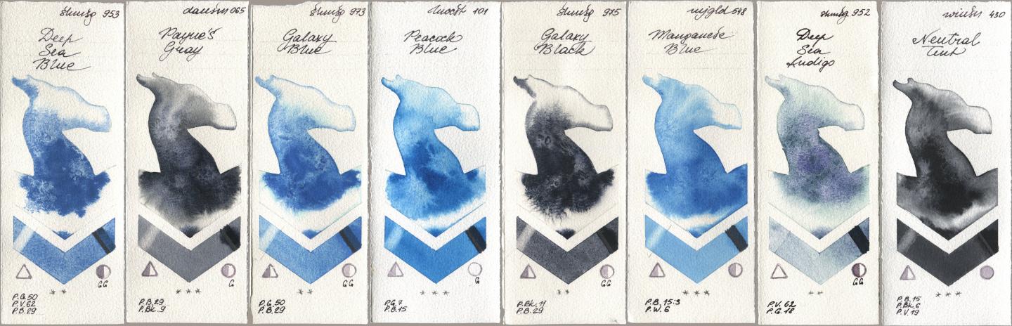 Shminke Horadam Aquarell 953 Deep Sea Blue, Daniel Smith 065 Paynes Gray, 973 Galaxy Blue, Holbein Artists Watercolor 101 Peacock Blue, 975 Galaxy Black, Mijello Mission Gold 548 Manganese Blue, 952 Deep Sea Indigo, Winsor & Newton Professional 430 Neutral Ti watercolor swatch