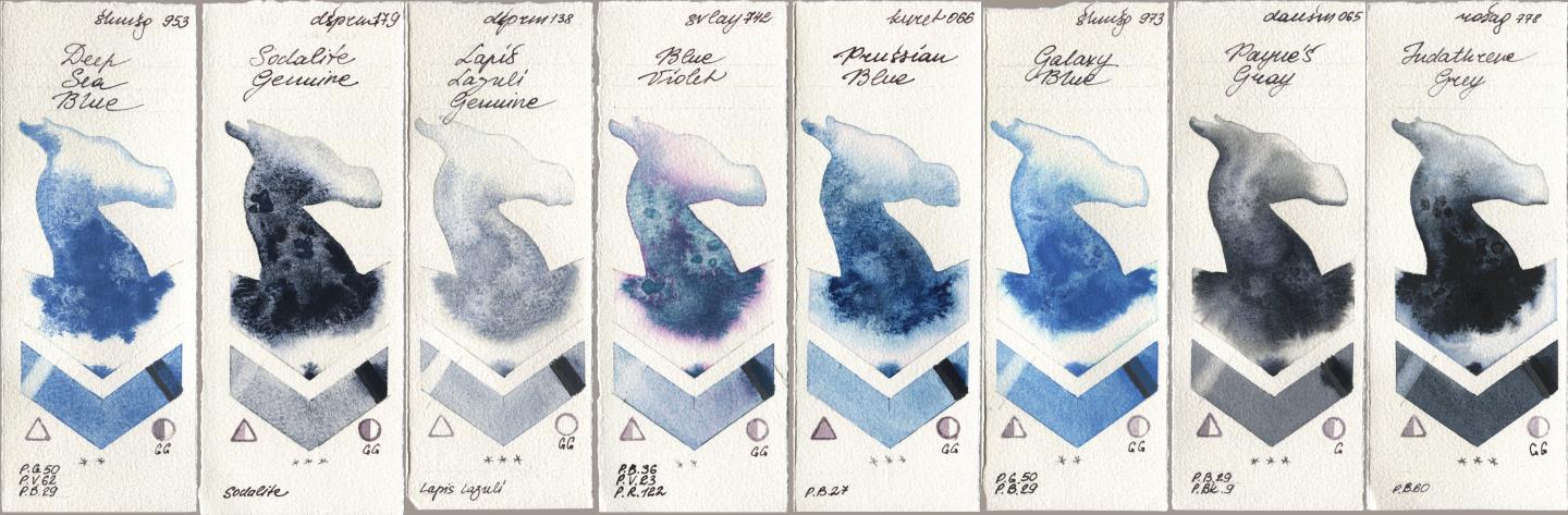 Shminke Horadam Aquarell 953 Deep Sea Blue, Daniel Smith 179 Sodalite Genuine, 138 Lapis Lazuli Genuine, SuperVision 742 Blue Violet, Kuretake Gansai Tambi 066 Prussian Blue, 973 Galaxy Blue, 065 Paynes Gray, Rosa Gallery 778 Indanthrene Gr watercolor swatch