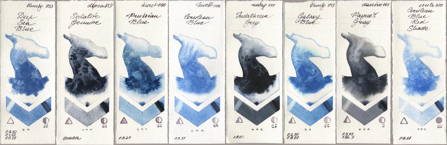 Shminke Horadam Aquarell 953 Deep Sea Blue, Daniel Smith 179 Sodalite Genuine, Kuretake Gansai Tambi 066 Prussian Blue, Holbein Artists Watercolor 092 Cerulean Blue, Rosa Gallery 778 Indanthrene Grey, 973 Galaxy Blue, 065 Paynes Gray, Sennelier l Aquarelle 305 Cerulean Blue Red Sha watercolor swatch