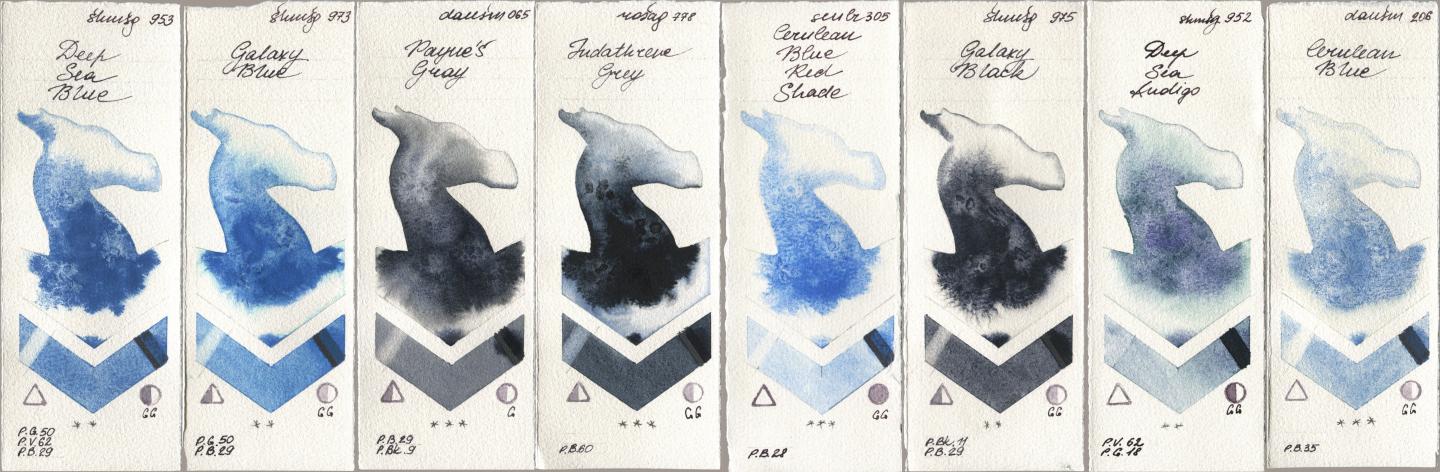 Shminke Horadam Aquarell 953 Deep Sea Blue, 973 Galaxy Blue, Daniel Smith 065 Paynes Gray, Rosa Gallery 778 Indanthrene Grey, Sennelier l Aquarelle 305 Cerulean Blue Red Shade, 975 Galaxy Black, 952 Deep Sea Indigo, 206 Cerulean Bl watercolor swatch