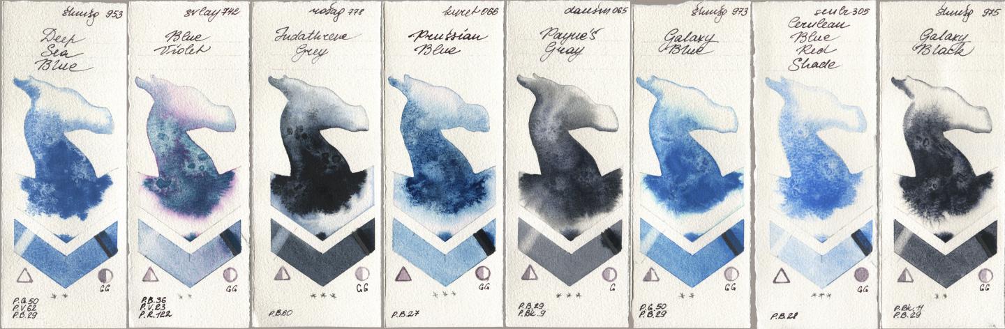 Shminke Horadam Aquarell 953 Deep Sea Blue, SuperVision 742 Blue Violet, Rosa Gallery 778 Indanthrene Grey, Kuretake Gansai Tambi 066 Prussian Blue, Daniel Smith 065 Paynes Gray, 973 Galaxy Blue, Sennelier l Aquarelle 305 Cerulean Blue Red Shade, 975 Galaxy Bla watercolor swatch