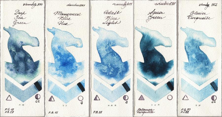 Shminke Horadam Aquarell 954 Deep Sea Green vs Daniel Smith 051 Manganese Blue Hue vs Roman Szmal Aquarius 411 Cobalt Blue Light vs Winsor & Newton Professional 697 Aqua Green vs 962 Glacier Turquoise watercolor swatch