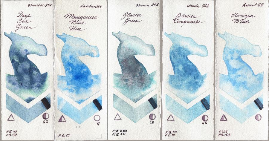 Shminke Horadam Aquarell 954 Deep Sea Green vs Daniel Smith 051 Manganese Blue Hue vs 963 Glacier Green vs 962 Glacier Turquoise vs Kuretake Gansai Tambi 69 Horizon Blue watercolor swatch