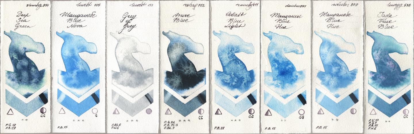 Shminke Horadam Aquarell 954 Deep Sea Green, Holbein Artists Watercolor 105 Manganese Blue Nova, 153 Grey of Grey, Rosa Gallery 762 Azure Blue, Roman Szmal Aquarius 411 Cobalt Blue Light, Daniel Smith 051 Manganese Blue Hue, Winsor & Newton Professional 379 Manganese Blue Hue, 532 Jade Vine Bl watercolor swatch