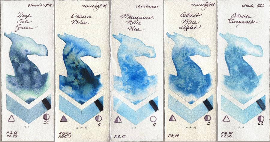 Shminke Horadam Aquarell 954 Deep Sea Green vs Roman Szmal Aquarius 344 Ocean Blue vs Daniel Smith 051 Manganese Blue Hue vs 411 Cobalt Blue Light vs 962 Glacier Turquoise watercolor swatch