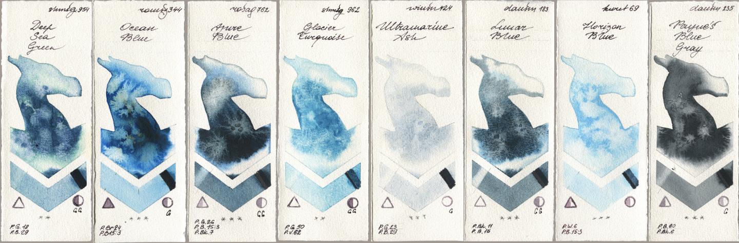 Shminke Horadam Aquarell 954 Deep Sea Green, Roman Szmal Aquarius 344 Ocean Blue, Rosa Gallery 762 Azure Blue, 962 Glacier Turquoise, Winsor & Newton Professional 424 Ultramarine Ash, Daniel Smith 183 Lunar Blue, Kuretake Gansai Tambi 069 Horizon Blue, 235 Paynes Blue Gr watercolor swatch