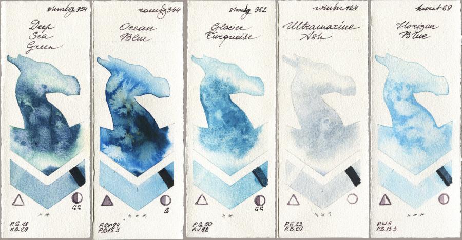 Shminke Horadam Aquarell 954 Deep Sea Green vs Roman Szmal Aquarius 344 Ocean Blue vs 962 Glacier Turquoise vs Winsor & Newton Professional 424 Ultramarine Ash vs Kuretake Gansai Tambi 069 Horizon Blue watercolor swatch