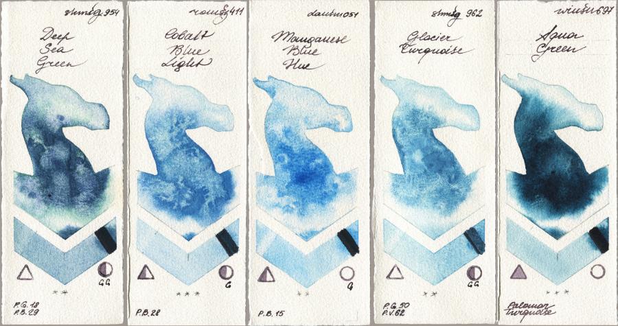 Shminke Horadam Aquarell 954 Deep Sea Green vs Roman Szmal Aquarius 411 Cobalt Blue Light vs Daniel Smith 051 Manganese Blue Hue vs 962 Glacier Turquoise vs Winsor & Newton Professional 697 Aqua Green watercolor swatch