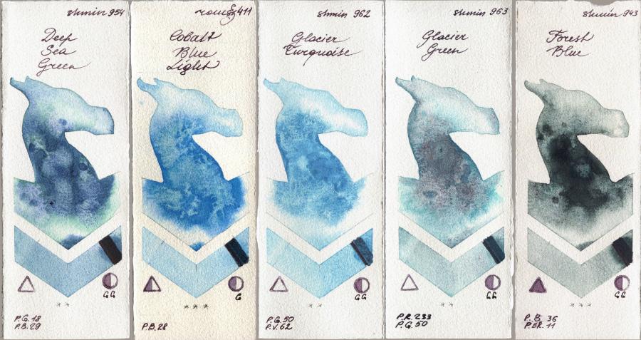 Shminke Horadam Aquarell 954 Deep Sea Green vs Roman Szmal Aquarius 411 Cobalt Blue Light vs 962 Glacier Turquoise vs 963 Glacier Green vs 943 Forest Blue watercolor swatch