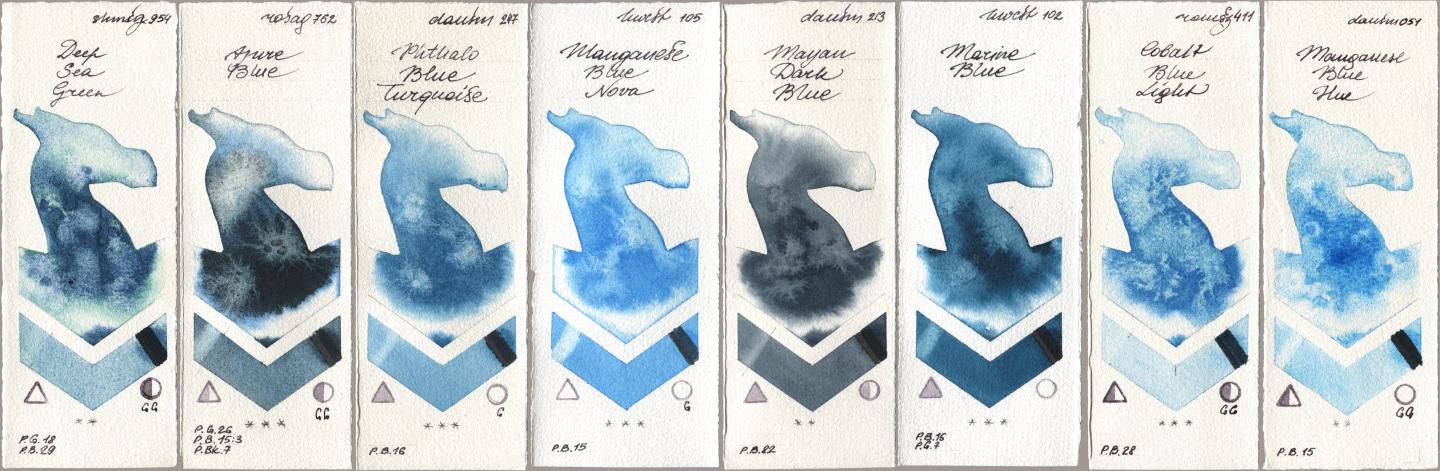 Shminke Horadam Aquarell 954 Deep Sea Green, Rosa Gallery 762 Azure Blue, Daniel Smith 247 Phthalo Blue Turquoise, Holbein Artists Watercolor 105 Manganese Blue Nova, 213 Mayan Dark Blue, 102 Marine Blue, Roman Szmal Aquarius 411 Cobalt Blue Light, 051 Manganese Blue H watercolor swatch