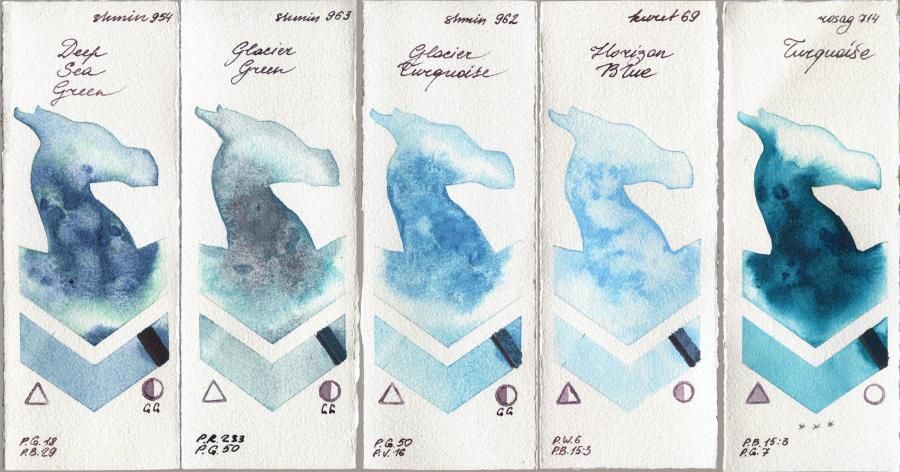Shminke Horadam Aquarell 954 Deep Sea Green vs 963 Glacier Green vs 962 Glacier Turquoise vs Kuretake Gansai Tambi 69 Horizon Blue vs Rosa Gallery 714 Turquiose watercolor swatch
