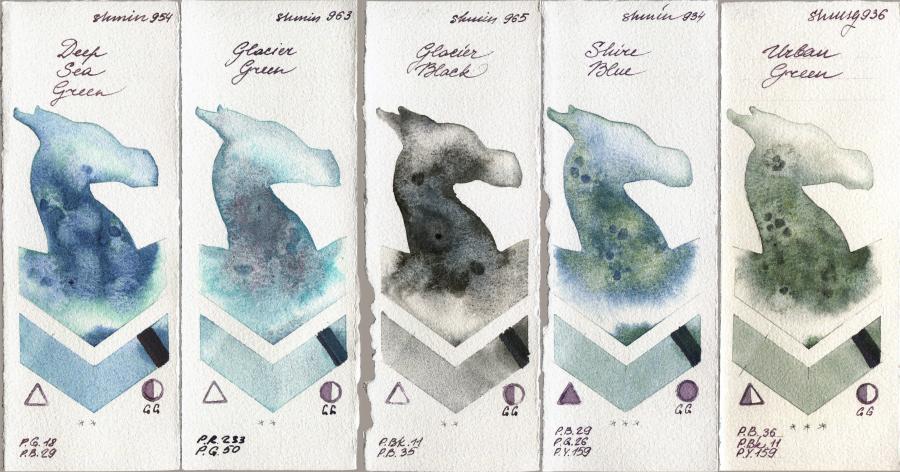 Shminke Horadam Aquarell 954 Deep Sea Green vs 963 Glacier Green vs 965 Glacier Black vs 934 Shire Blue vs 936 Urban Green watercolor swatch
