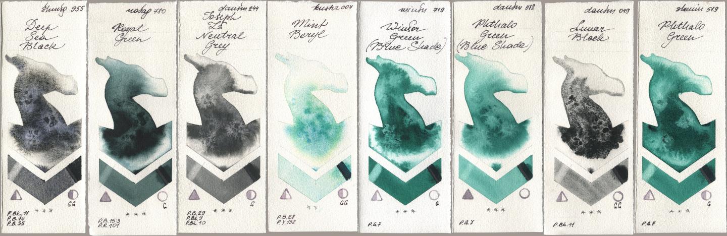 Shminke Horadam Aquarell 955 Deep Sea Black, Rosa Gallery 780 Royal Green, Daniel Smith 244 Joseph Zs Neutral Grey, Kusakabe 007 Mint Beryl, Winsor & Newton Professional 719 Winsor Green (Blue Shade), 078 Phthalo Green (Blue Shade), 049 Lunar Black, 519 Phthalo Gre watercolor swatch