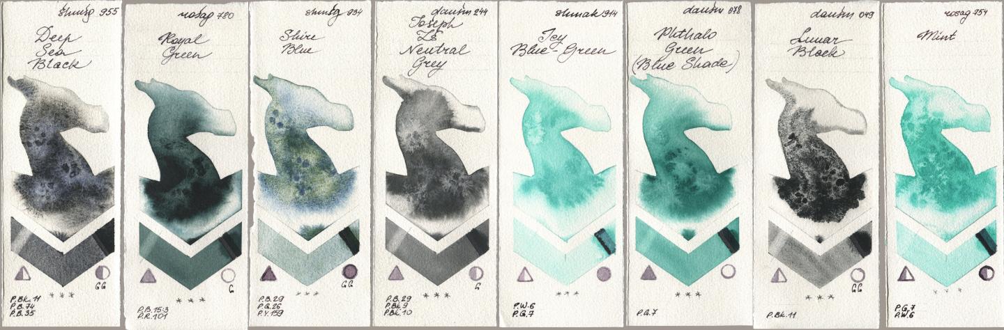 Shminke Horadam Aquarell 955 Deep Sea Black, Rosa Gallery 780 Royal Green, 934 Shire Blue, Daniel Smith 244 Joseph Zs Neutral Grey, Shminke Akademie Aquarell 914 Icy Blue-Green, 078 Phthalo Green (Blue Shade), 049 Lunar Black, 754 Mi watercolor swatch