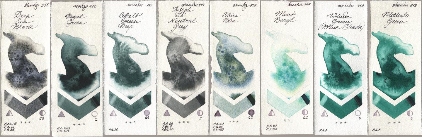 Shminke Horadam Aquarell 955 Deep Sea Black, Rosa Gallery 780 Royal Green, Winsor & Newton Professional 185 Cobalt Green Deep, Daniel Smith 244 Joseph Zs Neutral Grey, 934 Shire Blue, Kusakabe 007 Mint Beryl, 719 Winsor Green (Blue Shade), 519 Phthalo Gre watercolor swatch