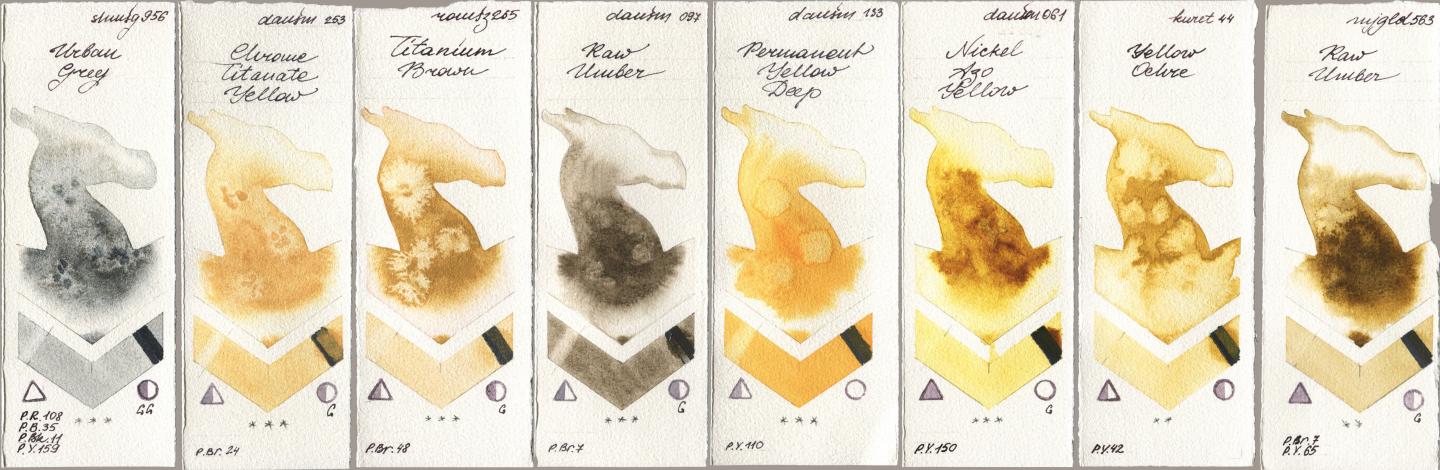 Shminke Horadam Aquarell 956 Urban Grey, Daniel Smith 253 Chrome Titanate Yellow, Roman Szmal Aquarius 265 Titanium Brown, 097 Raw Umber, 133 Permanent Yellow Deep, 061 Nickel Azo Yellow, Kuretake Gansai Tambi 044 Yellow Ochre, Mijello Mission Gold 563 Raw Umb watercolor swatch