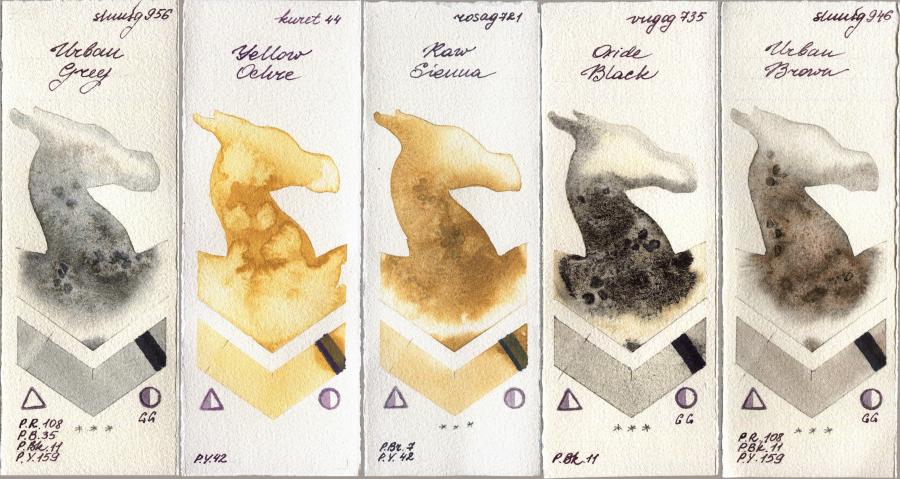 Shminke Horadam Aquarell 956 Urban Grey vs Kuretake Gansai Tambi 44 Yellow Ochre vs Rosa Gallery 721 Raw Sienna vs Royal Talens Van Gogh Watercolour 735 Oxide Black vs 946 Urban Brown watercolor swatch