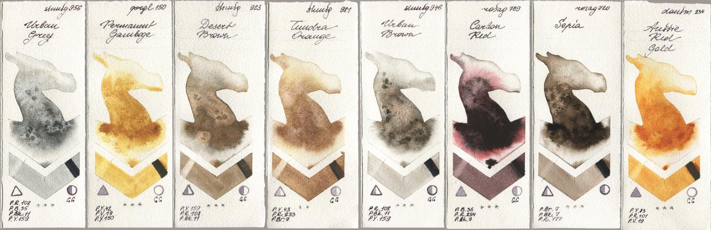 Shminke Horadam Aquarell 956 Urban Grey, Golden QOR 150 Permanent Gamboge, 923 Desert Brown, 981 Tundra Orange, 946 Urban Brown, Rosa Gallery 769 Carbon Red, 720 Sepia, Daniel Smith 234 Aussie Red Go watercolor swatch