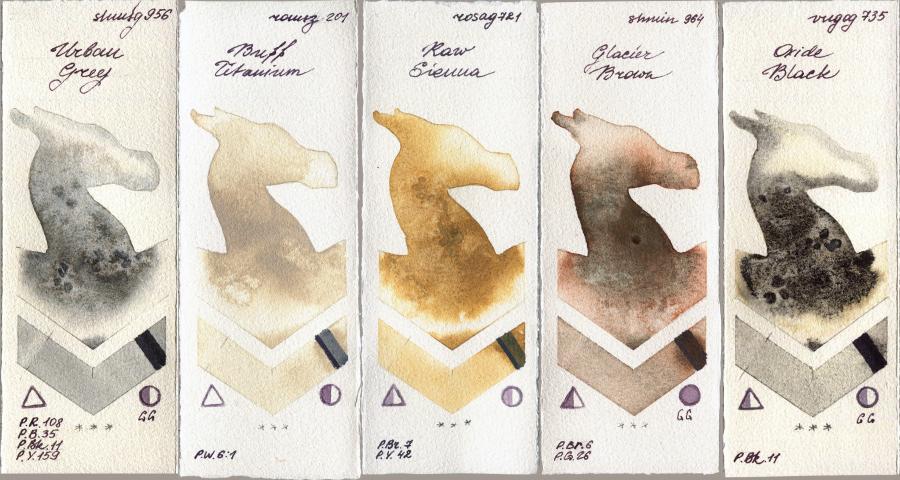 Shminke Horadam Aquarell 956 Urban Grey vs Roman Szmal Aquarius 201 Buff Titanium vs Rosa Gallery 721 Raw Sienna vs 964 Glacier Brown vs Royal Talens Van Gogh Watercolour 735 Oxide Black watercolor swatch