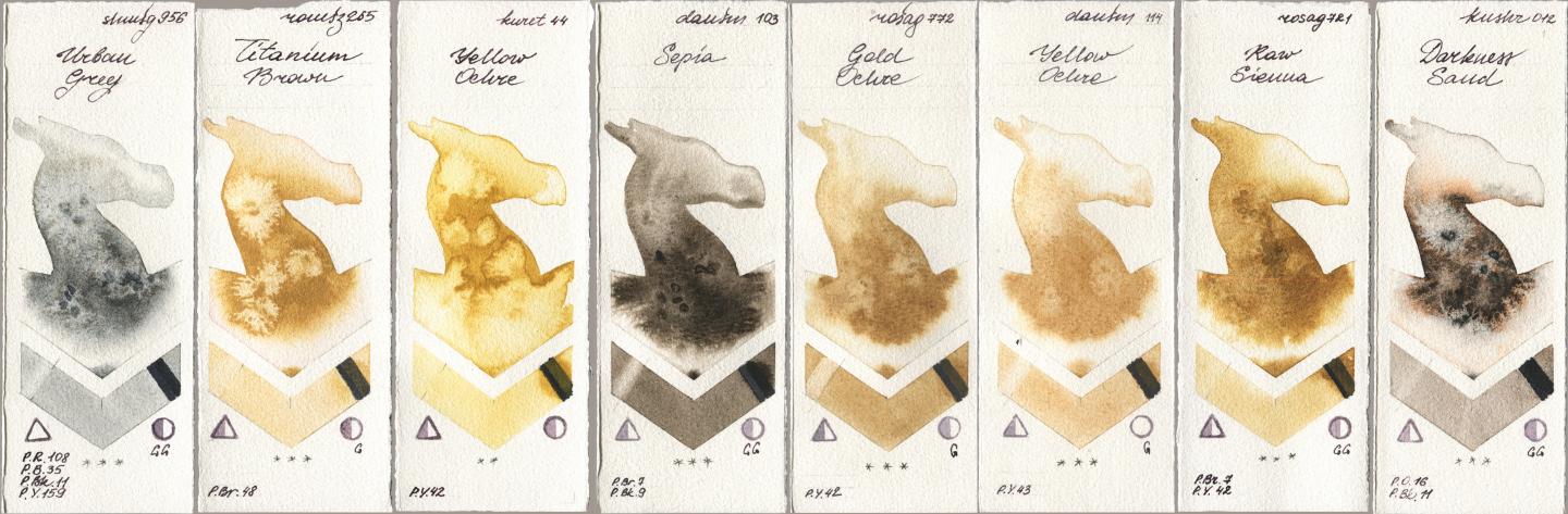Shminke Horadam Aquarell 956 Urban Grey, Roman Szmal Aquarius 265 Titanium Brown, Kuretake Gansai Tambi 044 Yellow Ochre, Daniel Smith 103 Sepia, Rosa Gallery 772 Gold Ochre, 114 Yellow Ochre, 721 Raw Sienna, Kusakabe 012 Darkness Sa watercolor swatch