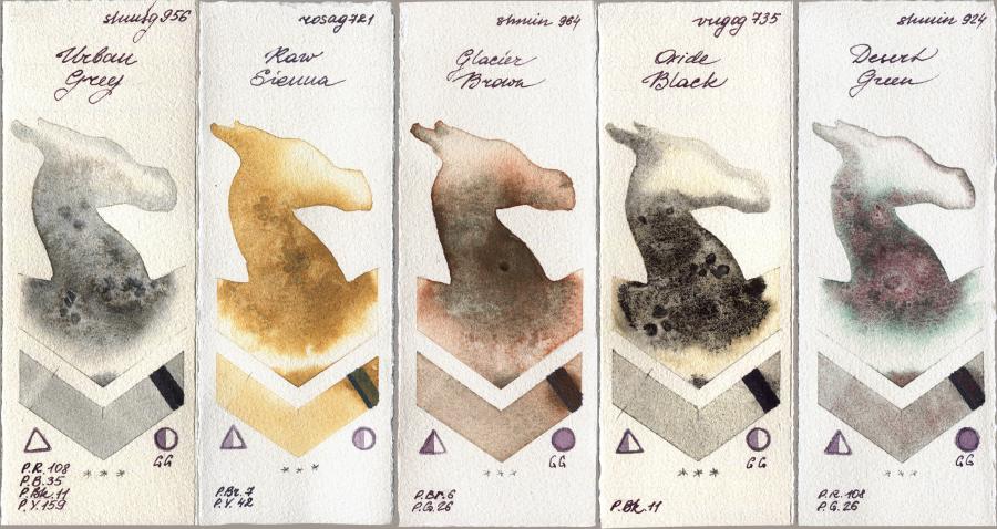Shminke Horadam Aquarell 956 Urban Grey vs Rosa Gallery 721 Raw Sienna vs 964 Glacier Brown vs Royal Talens Van Gogh Watercolour 735 Oxide Black vs 924 Desert Green watercolor swatch