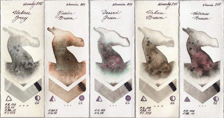 Shminke Horadam Aquarell 956 Urban Grey vs 964 Glacier Brown vs 924 Desert Green vs 946 Urban Brown vs 915 Volcano Brown watercolor swatch