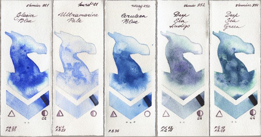 Shminke Horadam Aquarell 961 Glacier Blue vs Kuretake Gansai Tambi 61 Ultramatire Pale vs Rosa Gallery 752 Cerulean Blue vs 952 Deep Sea Indigo vs 954 Deep Sea Green watercolor swatch