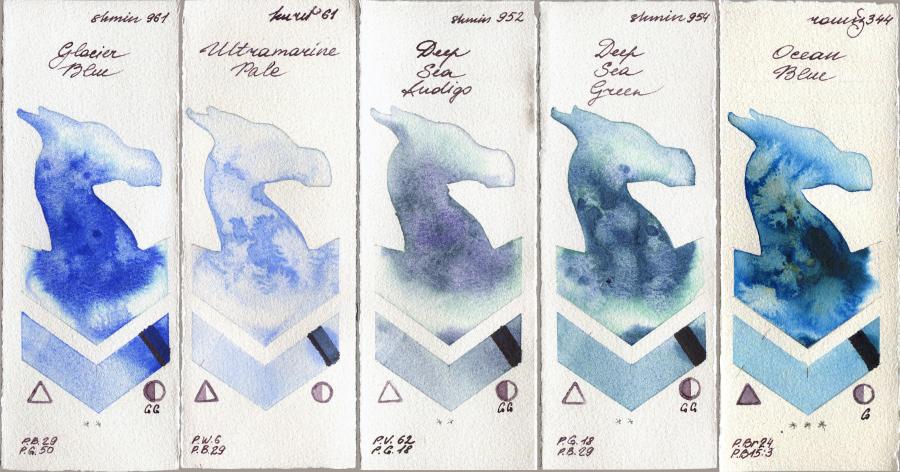Shminke Horadam Aquarell 961 Glacier Blue vs Kuretake Gansai Tambi 61 Ultramatire Pale vs 952 Deep Sea Indigo vs 954 Deep Sea Green vs Roman Szmal Aquarius 344 Ocean Blue watercolor swatch