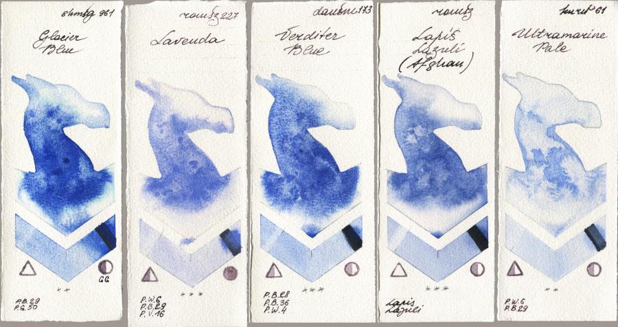 Shminke Horadam Aquarell 961 Glacier Blue vs Roman Szmal Aquarius 227 Lavenda vs Daniel Smith 173 Verditer Blue vs 999 Lapis Lazuli Afghan vs Kuretake Gansai Tambi 061 Ultramatire Pale watercolor swatch