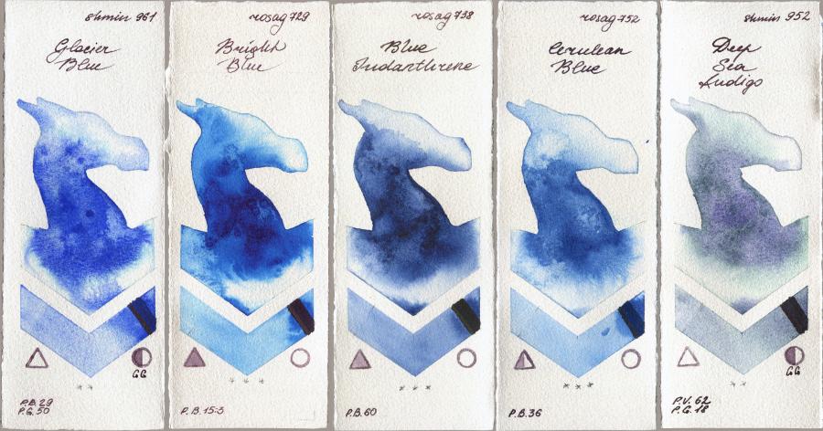 Shminke Horadam Aquarell 961 Glacier Blue vs Rosa Gallery 729 Bright Blue vs 738 Blue Indanthrone vs 752 Cerulean Blue vs 952 Deep Sea Indigo watercolor swatch
