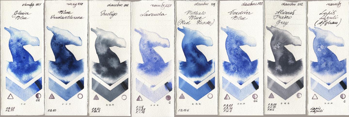 Shminke Horadam Aquarell 961 Glacier Blue, Rosa Gallery 738 Blue Indanthrene, Daniel Smith 046 Indigo, Roman Szmal Aquarius 227 Lavenda, 119 Phthalo Blue (Red Shade), 173 Verditer Blue, 242 Alvaros Fresco Grey, 999 Lapis Lazuli Afgh watercolor swatch