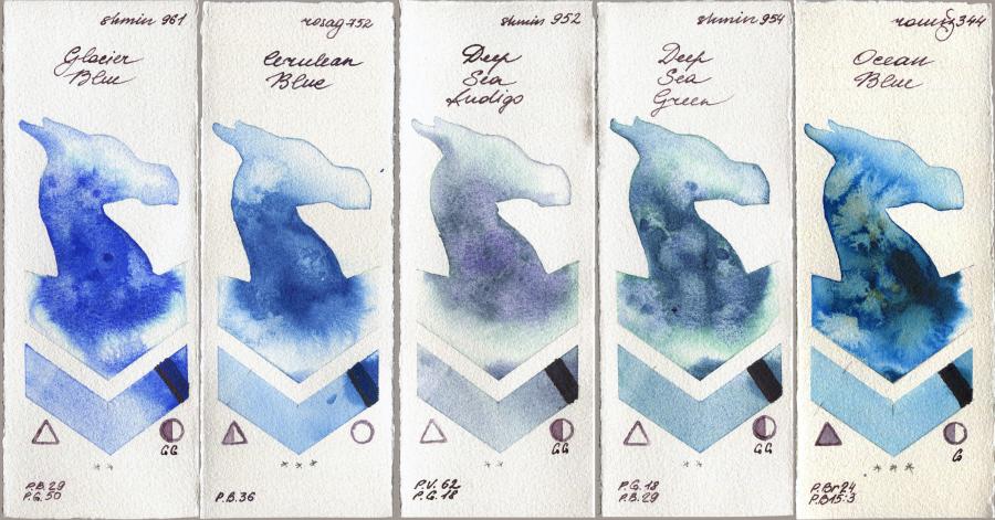 Shminke Horadam Aquarell 961 Glacier Blue vs Rosa Gallery 752 Cerulean Blue vs 952 Deep Sea Indigo vs 954 Deep Sea Green vs Roman Szmal Aquarius 344 Ocean Blue watercolor swatch